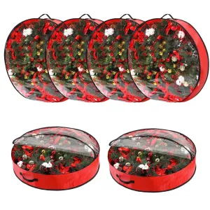 6 Pack Christmas Wreath Storage Bags, Waterproof Clear PVC/PE Wreath Storage Containers with Sturdy Handles & Zippers, Holiday Decor Storage Organizer for Xmas and Seasonal Decorations, Red