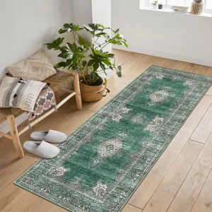 Floral Vintage Area Rug Non Slip Soft Machine Washable Distressed Vintage Green 2x6ft Living Room Bedroom Dining