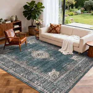 Floral Vintage Area Rug Soft Non Slip Machine Washable Distressed Vintage Black 9x12ft Living Room Bedroom Dining