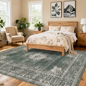 Floral Vintage Area Rug Soft Non-Slip Machine Washable Distressed Brown 9x12ft Living Bedroom Dining