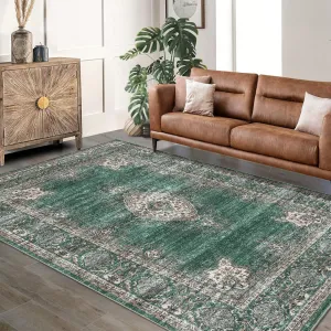 Floral Vintage Area Rug Soft Non Slip Machine Washable Distressed Vintage Green 5x7ft Living Bedroom Dining Room