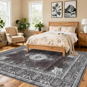 Floral Vintage Area Rug Soft Non-Slip Machine Washable Distressed Vintage Rust Red 9x12ft Living Bedroom Dining