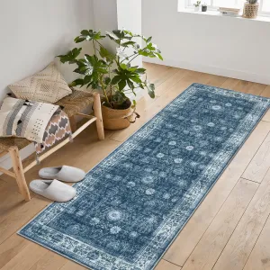 Area Rug Washable Printed Vintage Floral Non Slip Low Pile Rugs Soft Rubber Backed Indoor Bedroom Rugs Blue 2x6ft