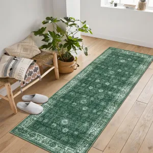 Area Rug Washable Printed Vintage Floral Non Slip Low Pile Rugs Soft Rubber Backed Indoor Bedroom Rugs Green 2x6ft