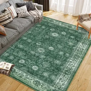 Area Rug Washable Printed Vintage Floral Non Slip Low Pile Indoor Bedroom Rugs 8x10ft Green