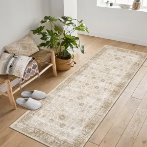 Area Rug Washable Printed Vintage Floral Non Slip Low Pile Rugs Soft Rubber Backed Indoor Bedroom Rugs Beige 2x6ft
