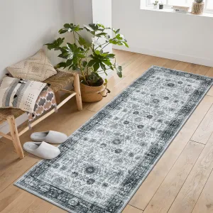Area Rug Washable Printed Vintage Floral Non Slip Low Pile Rugs Soft Rubber Backed Indoor Bedroom Rugs Grey 2x6ft