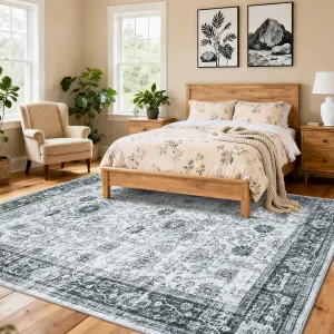Area Rug Washable Printed Vintage Floral Non Slip Low Pile Rugs Indoor Bedroom Laundry Room Grey 10x13ft