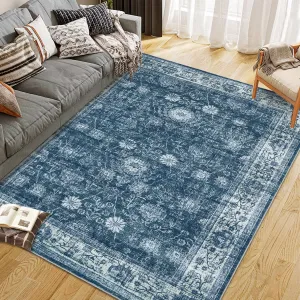 Area Rug Washable Printed Vintage Floral Non Slip Low Pile Rugs Soft Rubber Backed Indoor Bedroom Rugs Blue 8x10ft