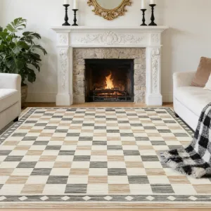 9x12 Checkered Area Rug Washable Soft Rugs Living Room Bedroom Dining Room Beige Modern Geometric Non Slip Low Pile Carpet
