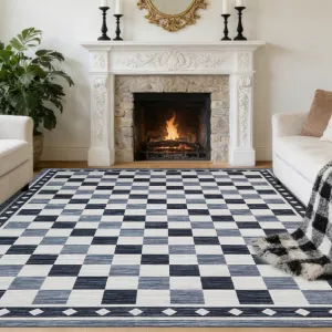 9x12 Checkered Area Rug Washable Soft Rugs for Living Room Modern Geometric Non Slip Low Pile Carpet Black