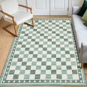 6x9 Checkered Area Rug Washable Soft Rugs for Living Room Modern Geometric Non Slip Low Pile Carpet Bedroom Dining Room Green