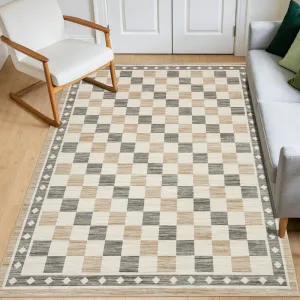 6x9 Checkered Area Rug, Washable Soft Low Pile Carpet for Living Room, Bedroom, Dining Room, Beige