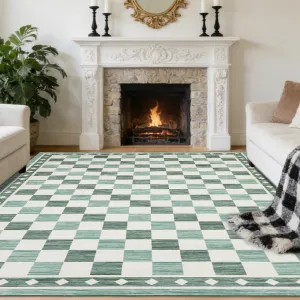 9x12 Checkered Area Rug, Washable Soft Low Pile Carpet for Living Room, Bedroom, Dining Room, Green