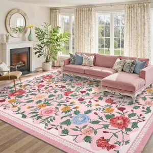 Washable Rugs 8x10 Area Rug Floral Non-Slip Ultra-Soft Pink for Living Room Bedroom Dining Room Nursery
