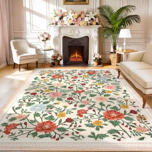 Floral 5x7 Beige Rugs Non-Slip Machine Washable Area Rug for Living Room Girls Bedroom Dining Room Office Playroom Decor