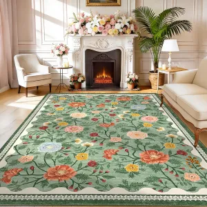 Large Green Rug 10x13 Washable Floral Living Room Rug Modern Farmhouse Soft Low Pile Non-Slip Indoor Carpet