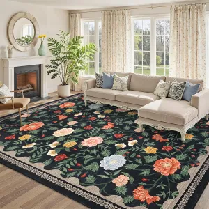 Washable 9x12 Area Rugs Non Slip Floral Print Carpet for Living Room, Girls Room, Bedroom, Nursery, Black