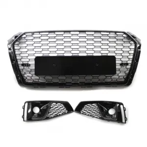 Front Grille & Fog Light Bezels for 2018-2020 Audi A4L S-Line European Spec, Honeycomb Mesh, Gloss Black ABS, Direct Fit, UV Resistant, Sporty Upgrade