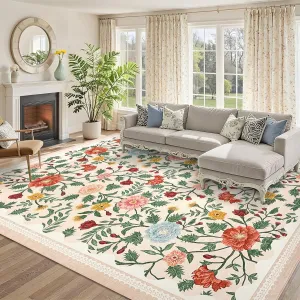 8x10 Area Rugs Floral Washable Non-Slip Carpet for Living Room Bedroom Dining Room Beige