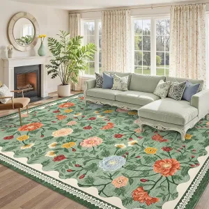 Floral 5x7 Green Rugs for Living Room Non-Slip Machine Washable Area Rugs for Girls Bedroom