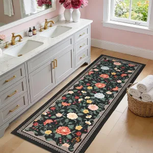 2x6 Floral Bathroom Runner Rug Machine Washable Non-Slip Soft Low Pile Lightweight Black Indoor Floor Mat