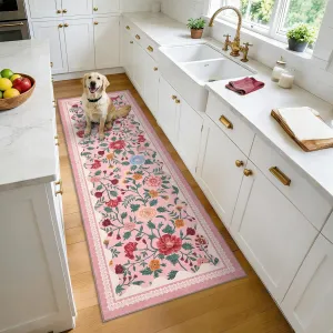 2x6 Floral Bathroom Runner Rug Machine Washable Non-Slip Pink Soft Low Pile Lightweight Indoor Floor Mat