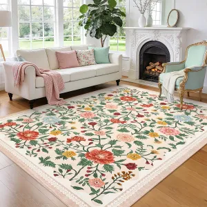 Large Beige Rug 10x13 Washable Floral Low Pile Non-Slip Polyester Soft Non-Shedding for Living Room Bedroom Dining Room