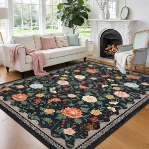Floral 5x7 Black Rugs Non-Slip Machine Washable Area Rugs for Living Room Girls Bedroom Dining Room Office Playroom Decor