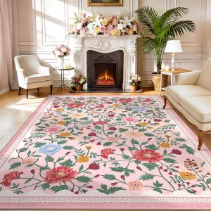Washable 9x12 Area Rugs Non Slip Floral Print Accent Carpet Pink Indoor Floor Rug for Girls Room Bedroom Nursery
