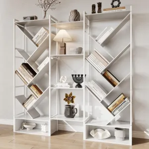 Triple 6 Tier Bookshelf, Large Bookcase Industrial Bookshelf with 24 Open Display Shelves, Industrial Tree Bookshelf, Wooden Tall Standing Bookshelf for Living Room Home, Office, White