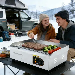 18in Commercial Electric Flat Top Griddle Non-Stick With 2 Shovels & Brushes For Breakfast Bars, Roadside Stands, Adjustable Temp 122℉-572℉