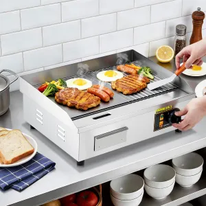 Commercial Half-Flat Top Griddle 22in Stainless Steel Grill with 2 Shovels & 2 Brushes for Home or Restaurant, 1700W, Silver