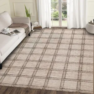 Washable Checkered 8x10 Living Room Rugs, Ultra Thin Non Slip Geometric Area Rug, Taupe