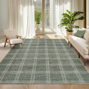 Large 9x12 Green Plaid Area Rug – Modern Washable Low Pile Geometric Carpet – Non-Slip, Mark Resistant – Indoor Floor Mat for Living Room, Bedroom, Office