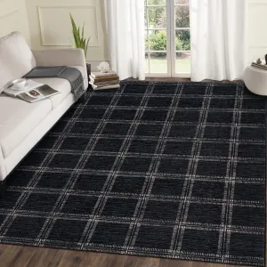 Washable Checkered 8x10 Area Rug, Soft Non Slip Geometric Plaid Carpet for Living Room Bedroom, Ultra Thin Low Pile, Black