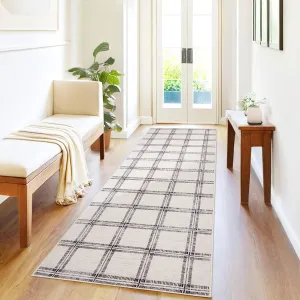 Beige Checkered Kitchen Rugs 2x6 Washable Non Slip Hallway Runner Ultra Thin Indoor Modern Farmhouse Carpet Low Pile Stain Resistant Floor Cover