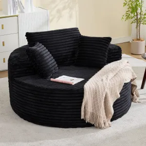 Oversized 54.7-inch Corduroy Chaise Lounge Chair Indoor, Modern Boneless Cloud Couch with 4 Pillows, Deep Seat Round Sofa for Living Room, Bedroom, Apartment, No Assembly, Black