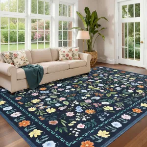 Vintage Floral Area Rug 9x12, Washable, Non-Shedding, Faux Wool Low Pile, Stain Resistant, Anti-Skid Backing, Blue, Living Room Dining Office