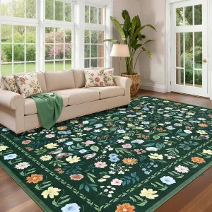 9x12 Vintage Floral Area Rug, Washable Boho Living Room Carpet, Non Shedding, Low Pile, Foldable, Stain Resistant, Green
