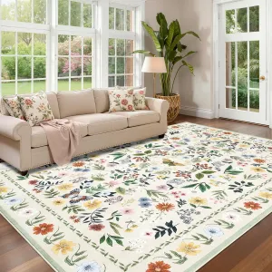 Vintage Floral Area Rug 9x12 - Washable, Non-Shedding - Faux Wool Low Pile - Anti-Skid, Stain Resistant - Beige - Living Room, Dining, Office