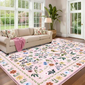 Vintage Floral Area Rug 9x12, Washable Low Pile, Stain Resistant Faux Wool, Non-Shedding, Anti-Skid Backing, Boho Living Room Carpet Pink