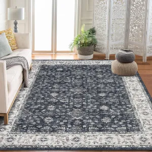 Vintage Boho Area Rugs Black & Grey 8'x10' Washable Large Rugs Non-Slip Backing Soft Pastel Carpets for Living Room Bedroom Dining Room Nursery Office Farmhouse Home Decor