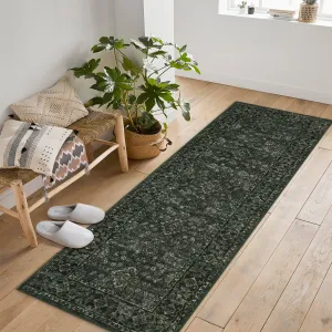 Vintage Boho Runner Rugs Dark Green 2'x6' Washable Long Rugs Non-Slip Backing Soft Pastel Carpets for Living Room Bedroom Dining Room Nursery Office Farmhouse Hallway Entryway Home Decor