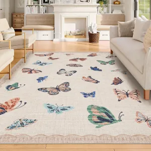 Area Rug 5x7, No Slip Washable Butterfly Pattern Rug, Low-Pile, Apricot, Living Room Bedroom Dining Room