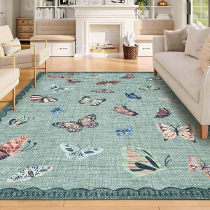 Area Rug 6x9, No Slip Washable Butterfly Pattern Rug, Low-Pile, Light Green, Living Room Bedroom Dining Room