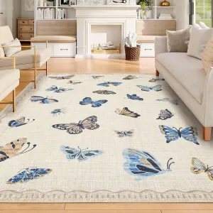Area Rug 8x10, No Slip Washable Butterfly Pattern Rug, Low-Pile Design for Living Room Bedroom Dining Room, Khaki