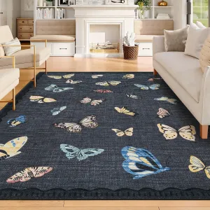 Area Rug 8x10, No Slip Washable, Modern Butterfly Pattern, Low-Pile Design, Black, Living Room Bedroom Dining Room