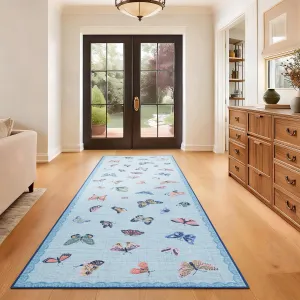 Area Rug 2x6 Light Blue, No Slip Washable Butterfly Pattern, Low-Pile Design for Living Room Bedroom Dining Room