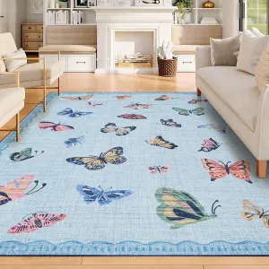Area Rug 9x12 Light Blue, No Slip Washable Low-Pile Carpet for Living Room Bedroom Dining Room, Modern Butterfly Pattern